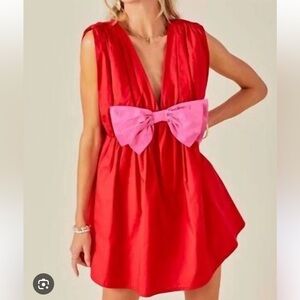 DAY + MOON Poplon Mini Dress Red w/ Pink Bow Size Small NWT